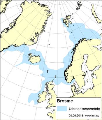 Kart som viser utbredelsen av Brosme